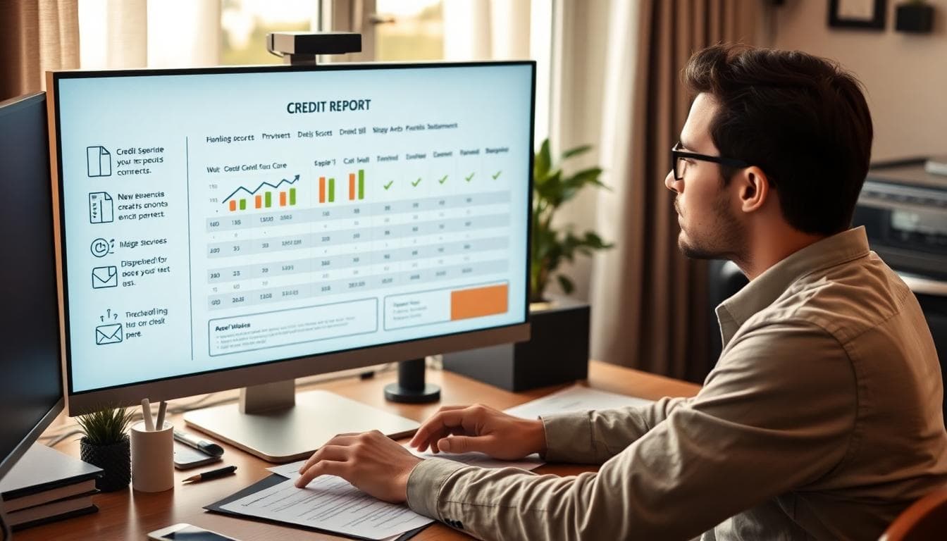 A person reviewing a credit report at a home desk, with progress visuals like rising graphs and checkmarks, plus subtle car imagery to connect improvements to better auto financing. Warm, realistic lighting. Image created with AI