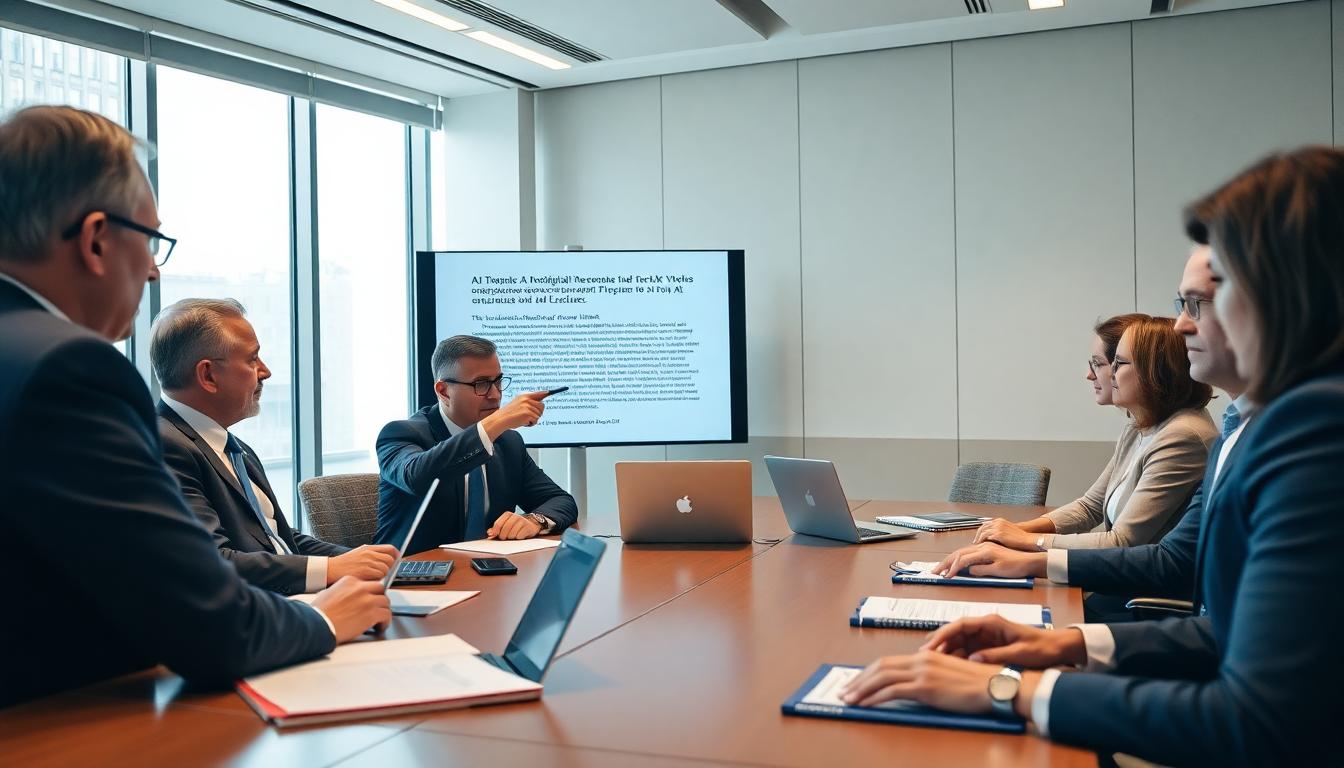 Diplomats use an AI-driven briefing display while reviewing treaty clauses in a working session