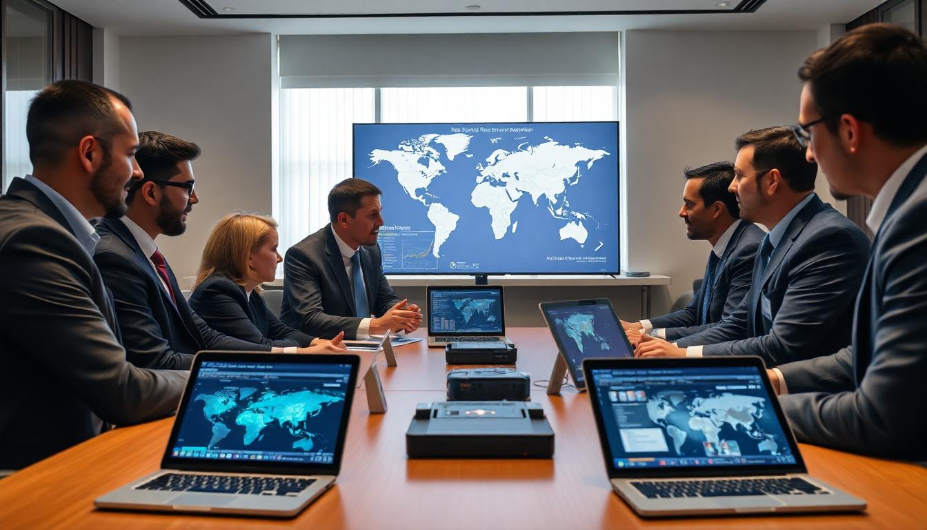 Diplomats analyze AI-generated charts of global tech trends during treaty talks