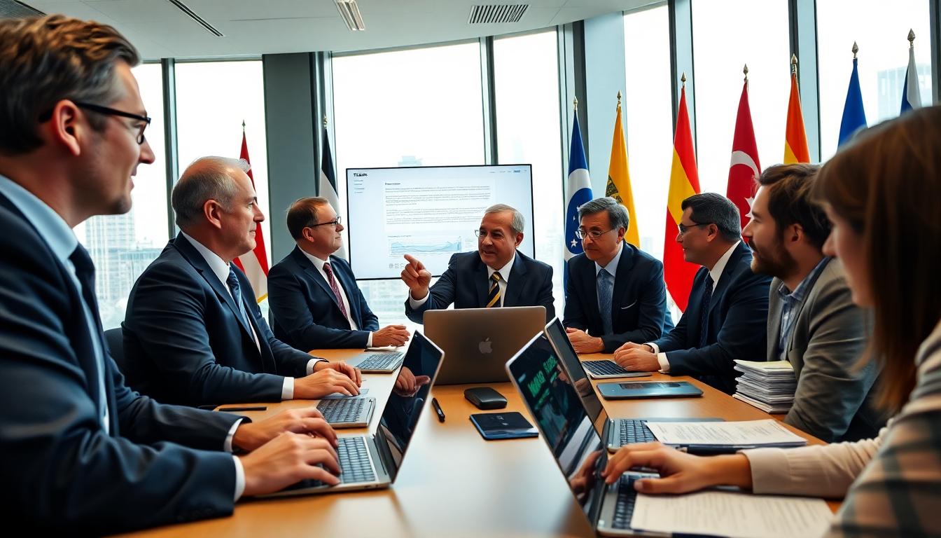 Diplomats review treaty text with AI tools in a conference room