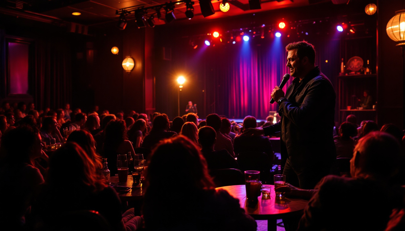 Ultra realistic photo of Jimmy Kimmel's Comedy Club at The LINQ Promenade, small stage, crowd laughing, warm lights, drinks at tables, lively pre-show energy. Image created with AI.