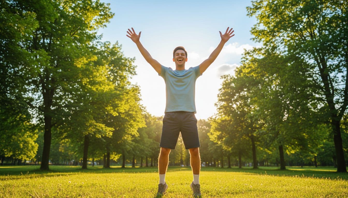 Young adult celebrating in a sunny park, radiating high energy and joy
