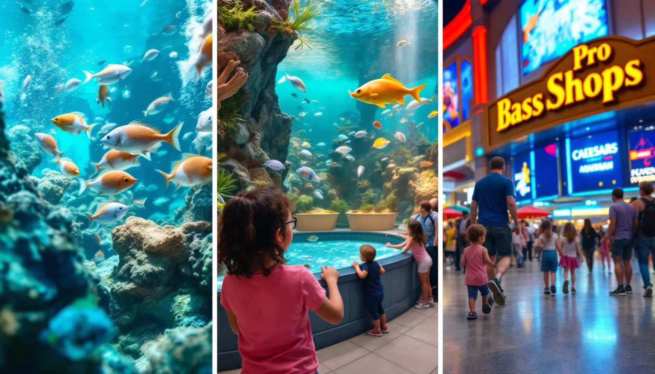 Ultra hyper realistic photo style image: Collage featuring Gold Coast free lobby tank, the Forum Shops at Caesars 50,000-gallon aquarium, and Bass Pro Shops 40,000-gallon public tank, with families and shoppers admiring the fish in bright Vegas settings. Image created with AI.