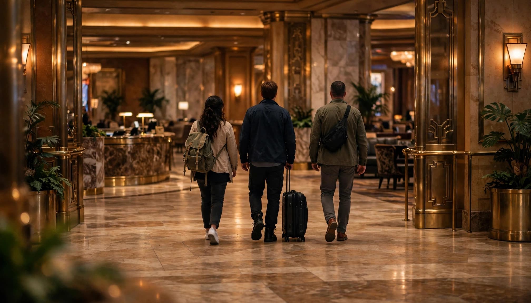 Three travelers walk away into a warm, amber-lit casino hotel lobby.