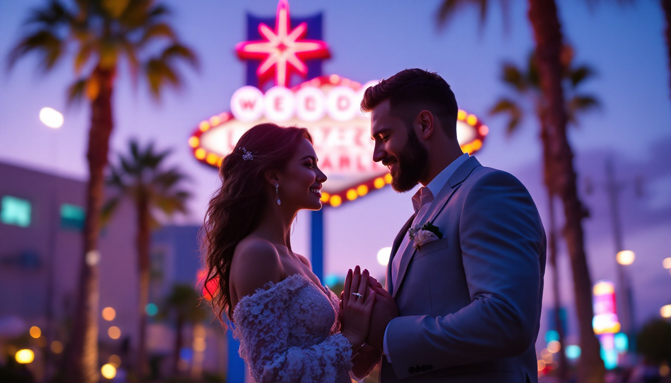 A happy couple outside a Las Vegas wedding chapel at dusk, neon Strip lights glowing in the background. Image created with AI.