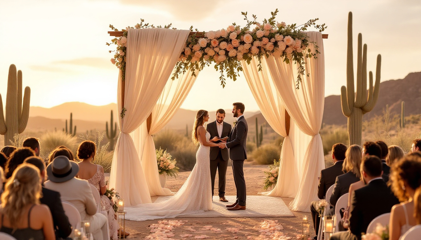 Ultra hyper realistic photo style image of a desert Las Vegas wedding ceremony at sunset. A couple exchanges vows with a minimalist chic setup, small guest list, soft drapes, blush and gold accents, cacti in the distance, warm golden light, modern desert backdrop. Image created with AI.