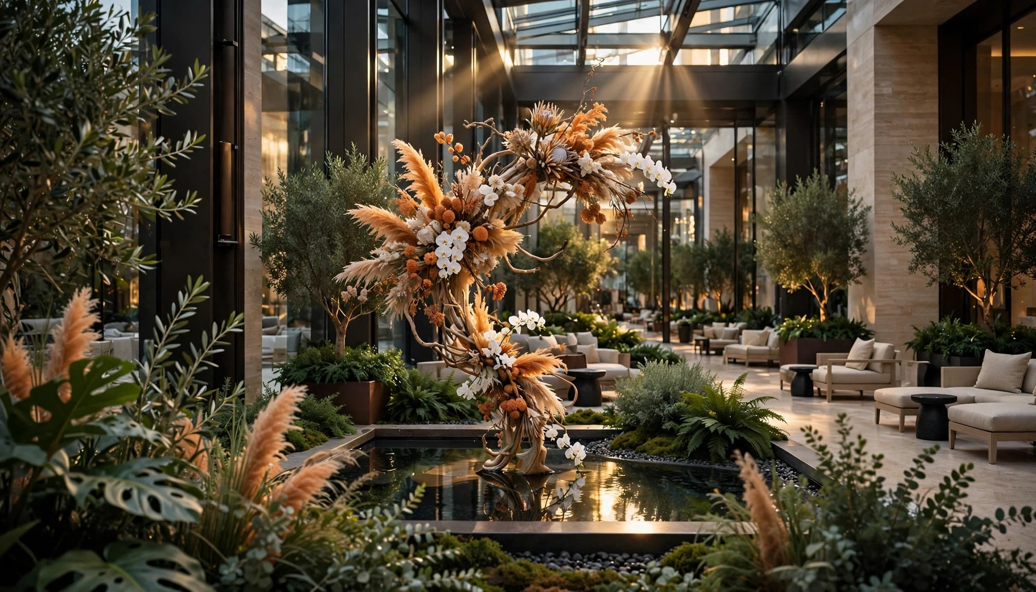 A luxurious indoor resort atrium with a sculptural floral installation, reflecting pool, and lush greenery.