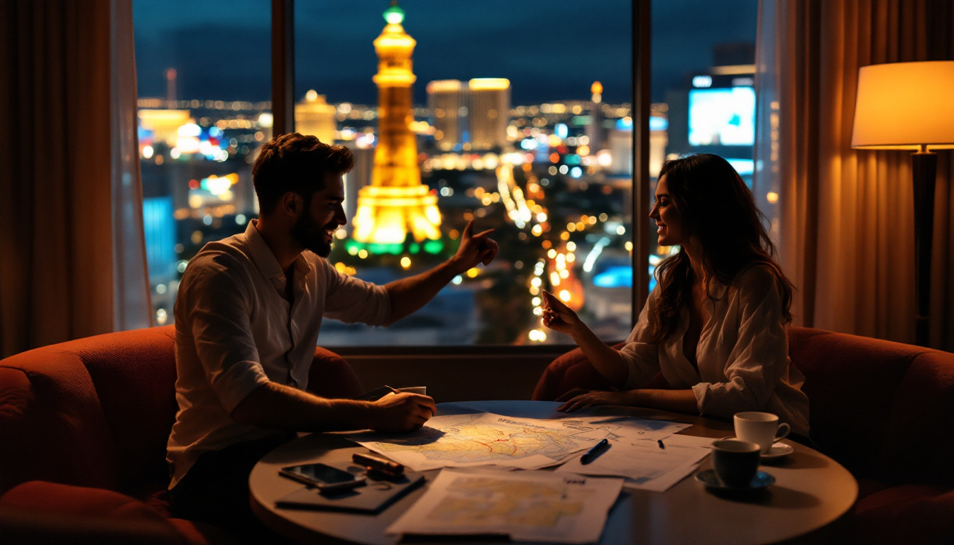 Ultra hyper realistic photo style image of a couple planning their Las Vegas honeymoon in a stylish hotel lounge, coffee cups and city lights visible through the window, calm and hopeful mood. Image created with AI.