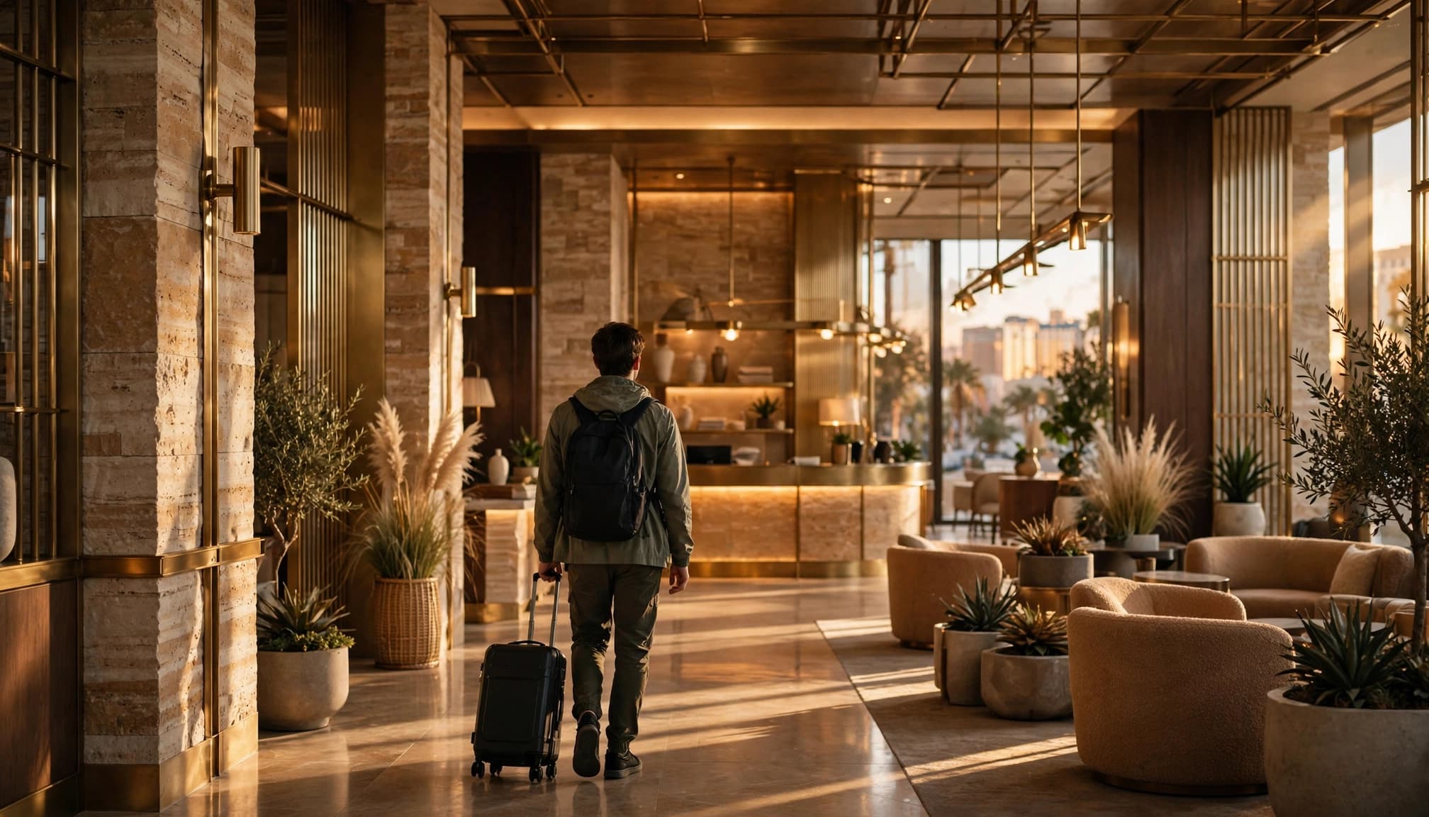 A traveler with a backpack and rolling suitcase walks through an elegant hotel lobby.