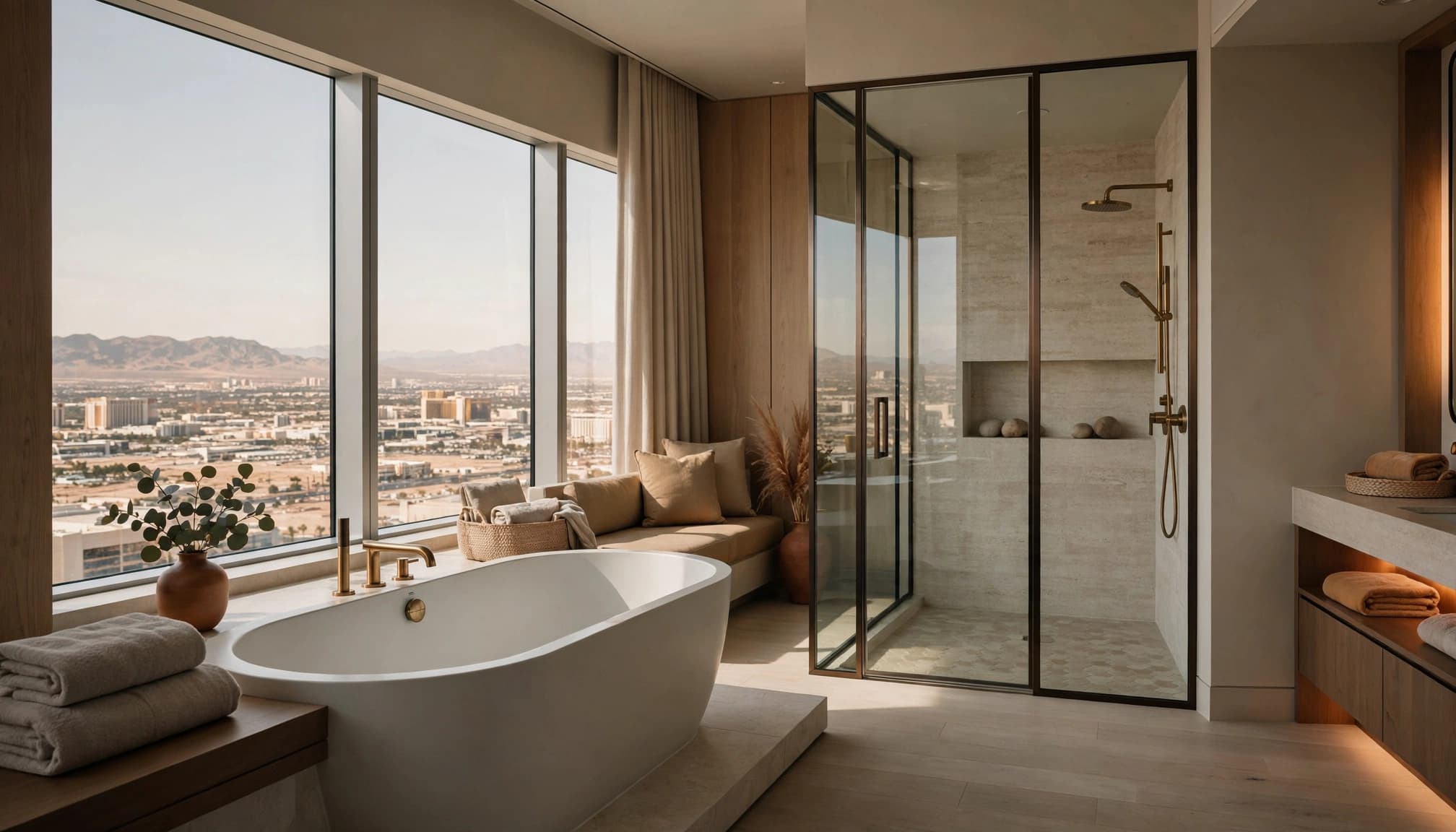A modern hotel bathroom featuring a soaking tub, glass shower, and a large window overlooking a desert city.
