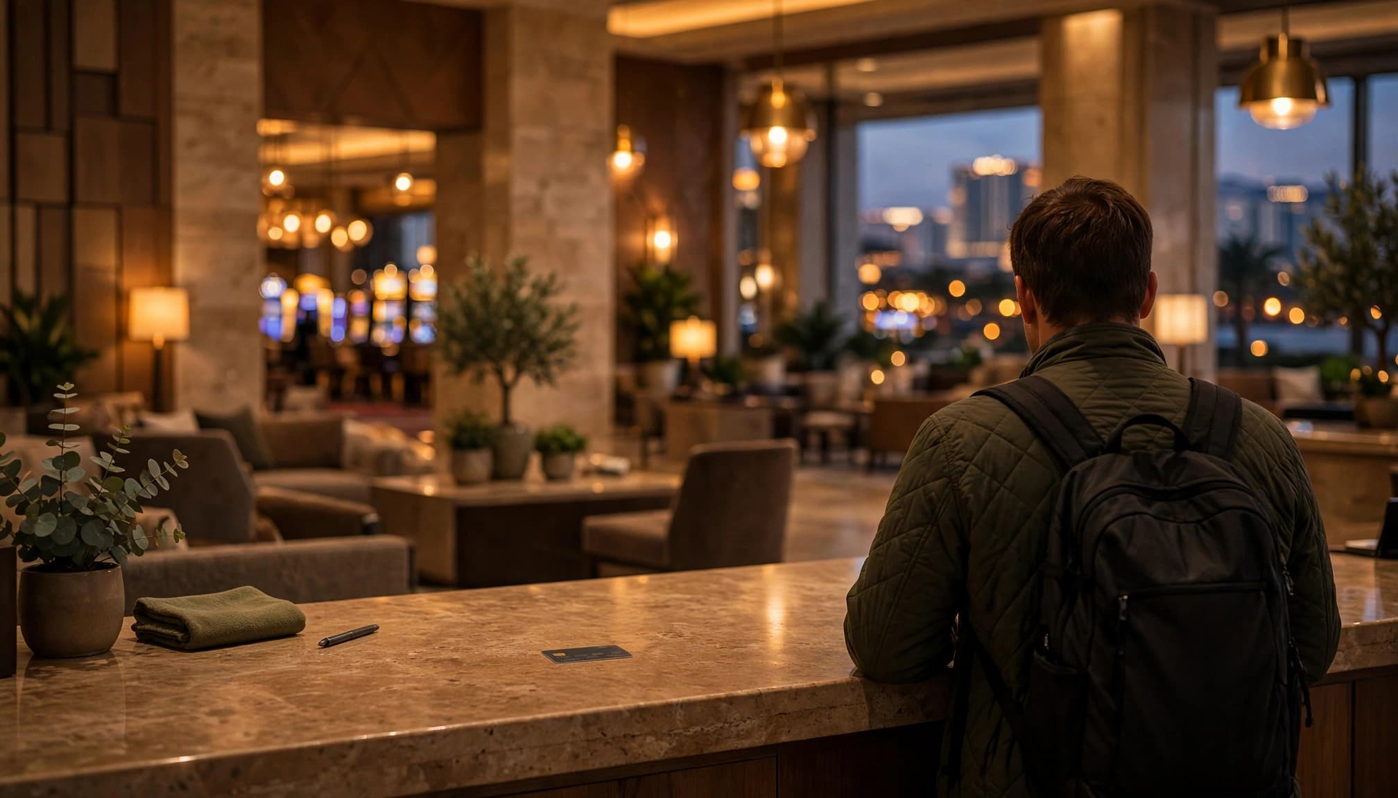 A traveler with a backpack stands at a hotel front desk facing a lobby at dusk.