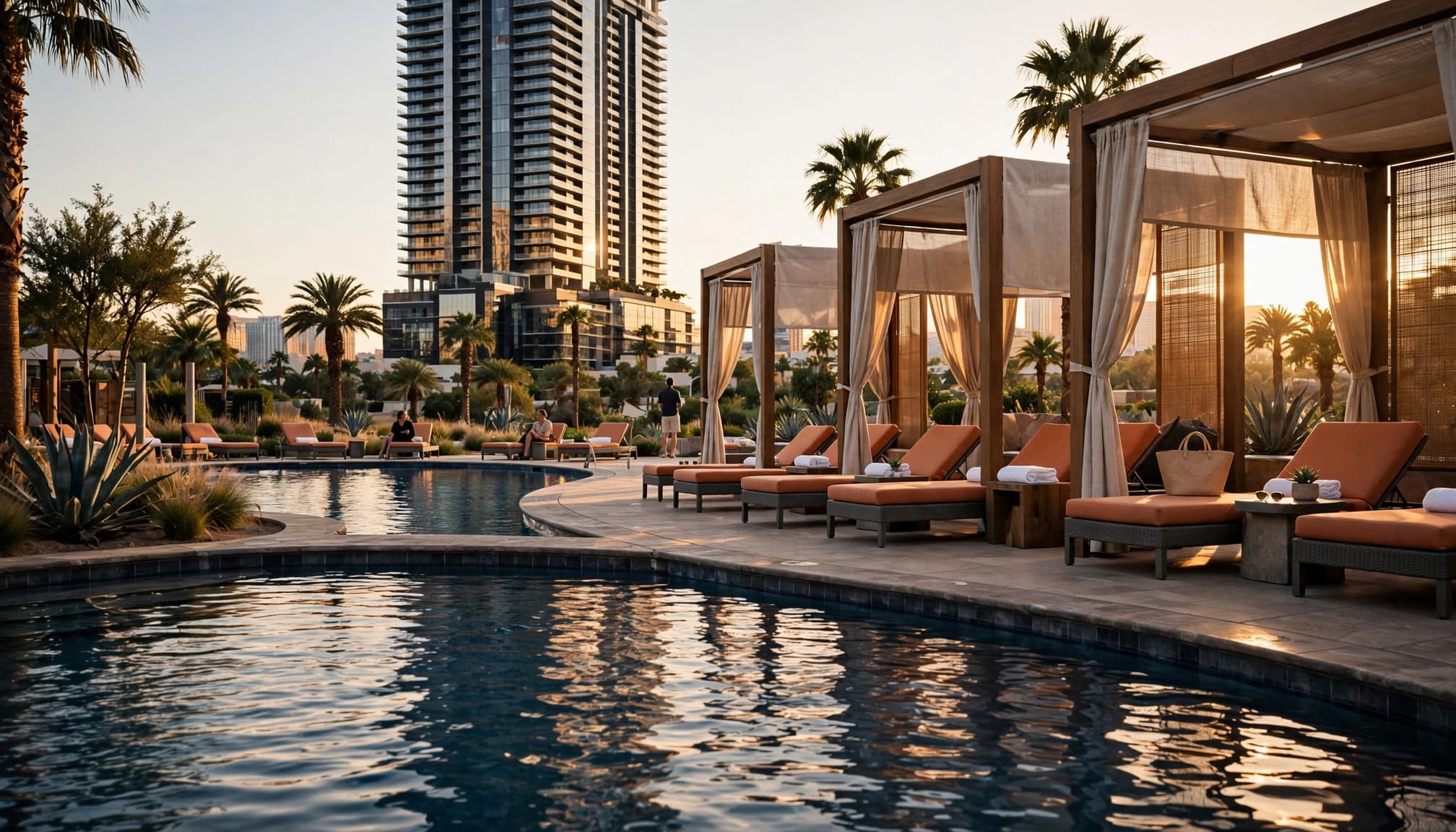 A luxurious hotel pool deck with modern cabanas, loungers, and a tall tower in the background during golden hour.