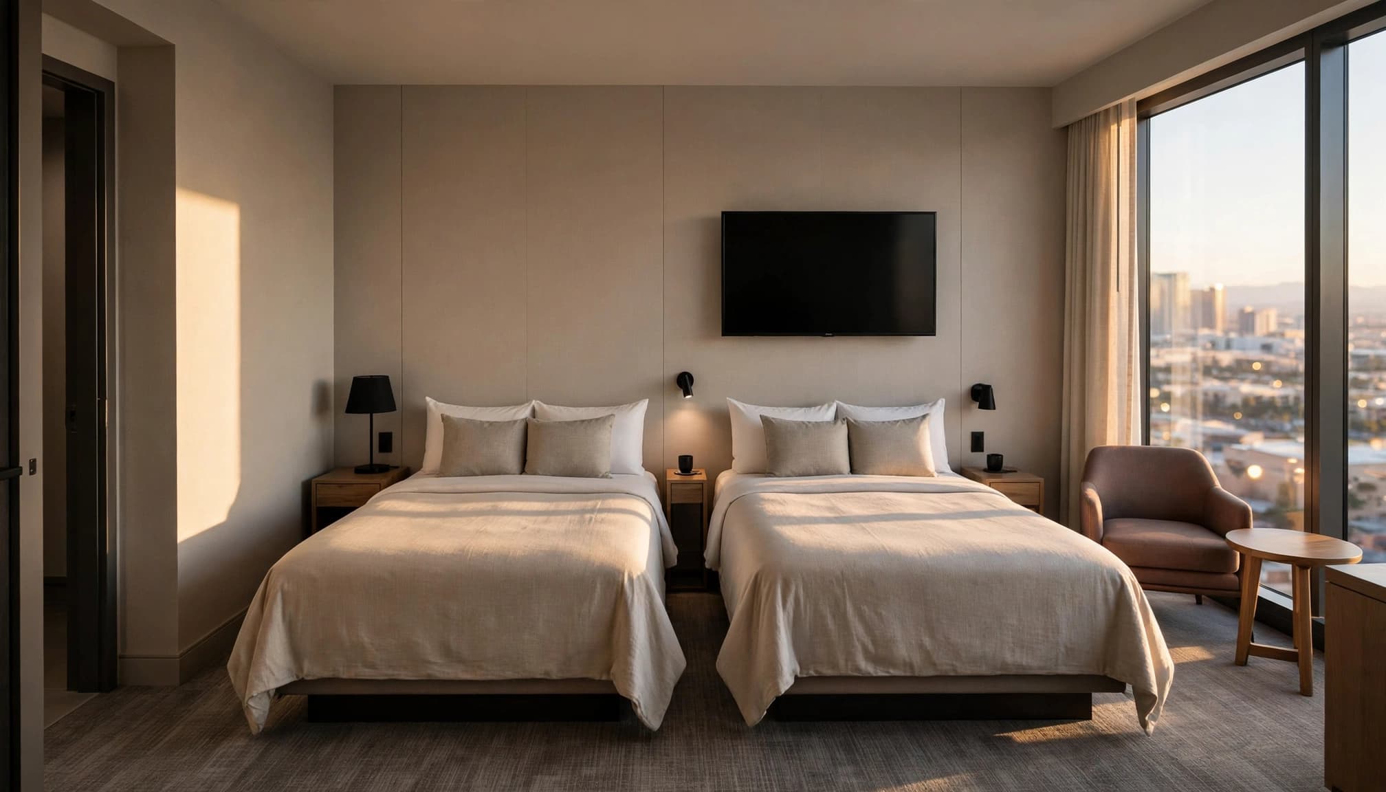 A modern hotel room with two queen beds, a wall-mounted TV, and an armchair by the window.
