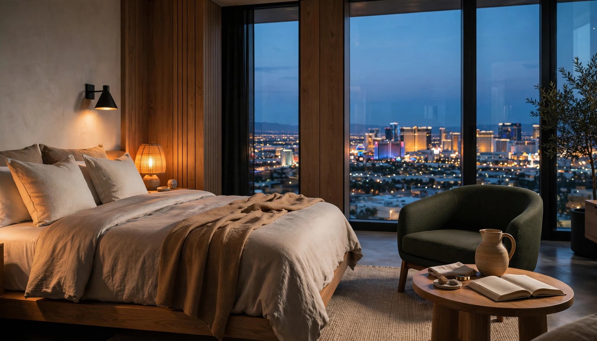 A modern hotel room at twilight with a bed, an armchair, and floor-to-ceiling windows showing a city skyline.