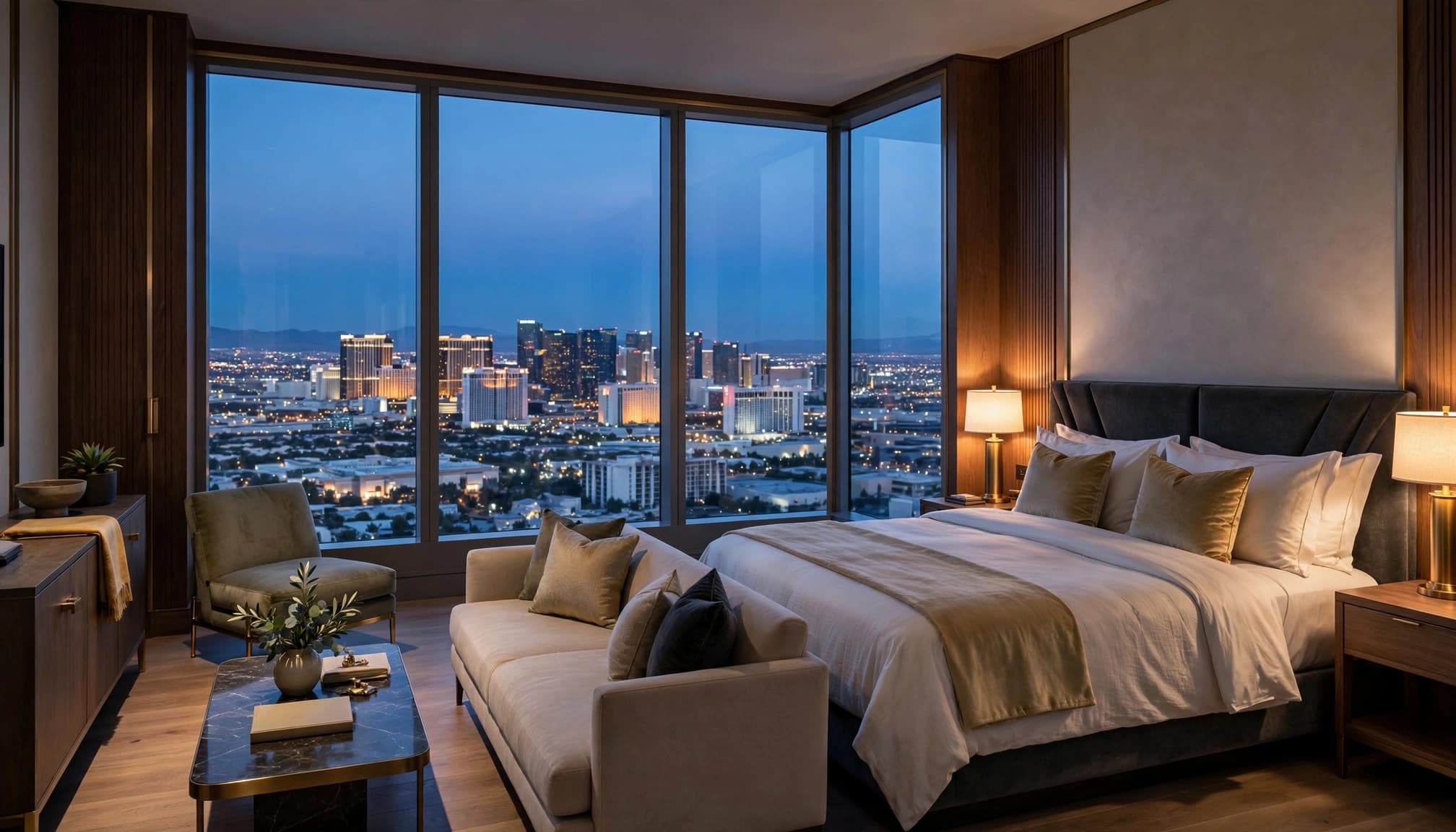 A luxury hotel suite with a bed, seating area, and large windows overlooking a city skyline at dusk.