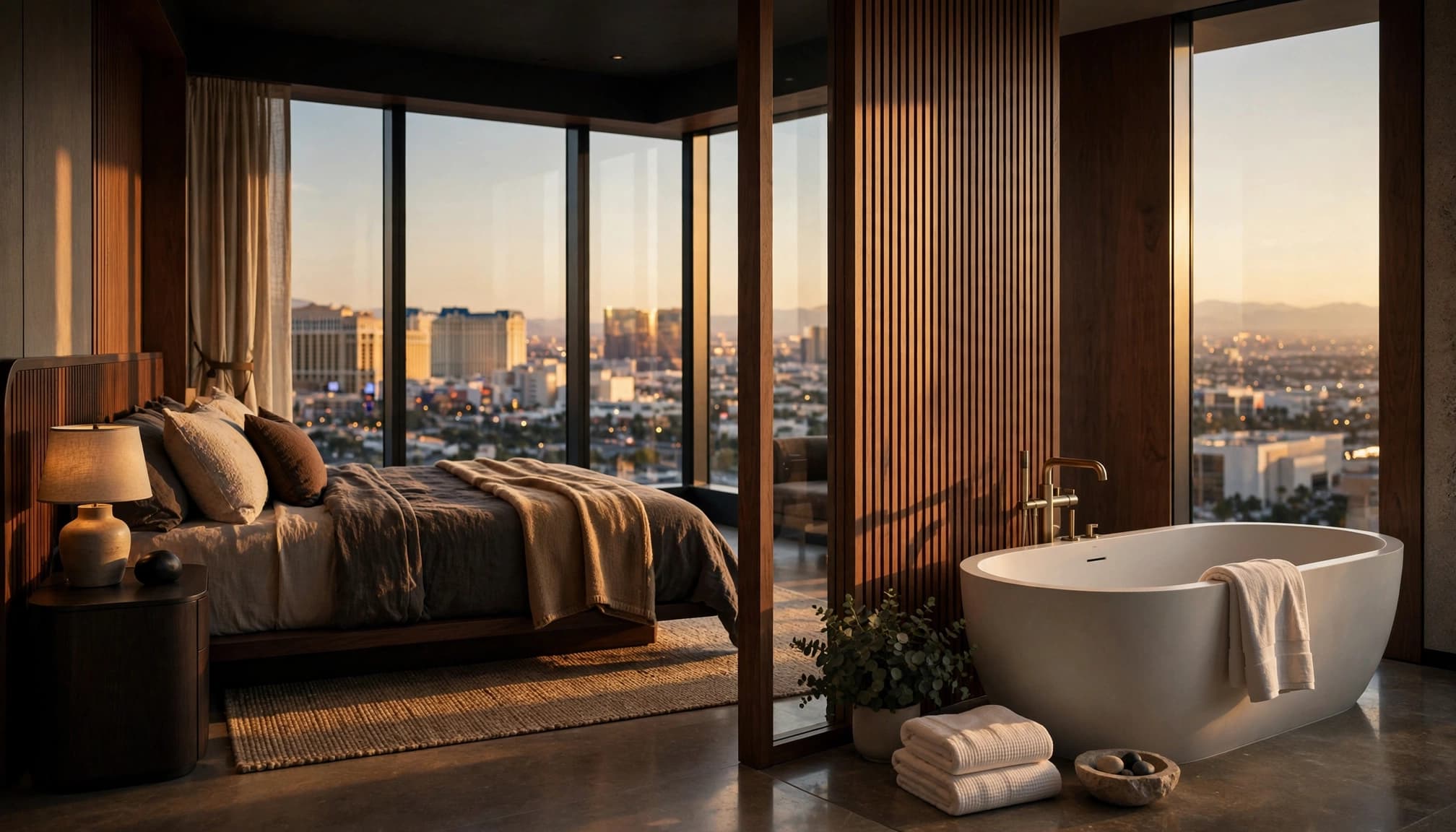 A luxurious hotel suite with a bed and a freestanding soaking tub overlooking a city skyline.