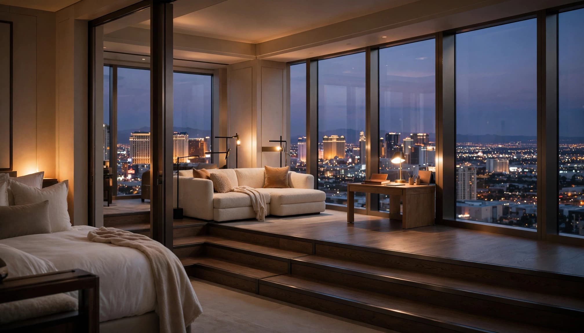 A luxury hotel suite at dusk overlooking a city skyline with a bed in the foreground and a sunken living area.