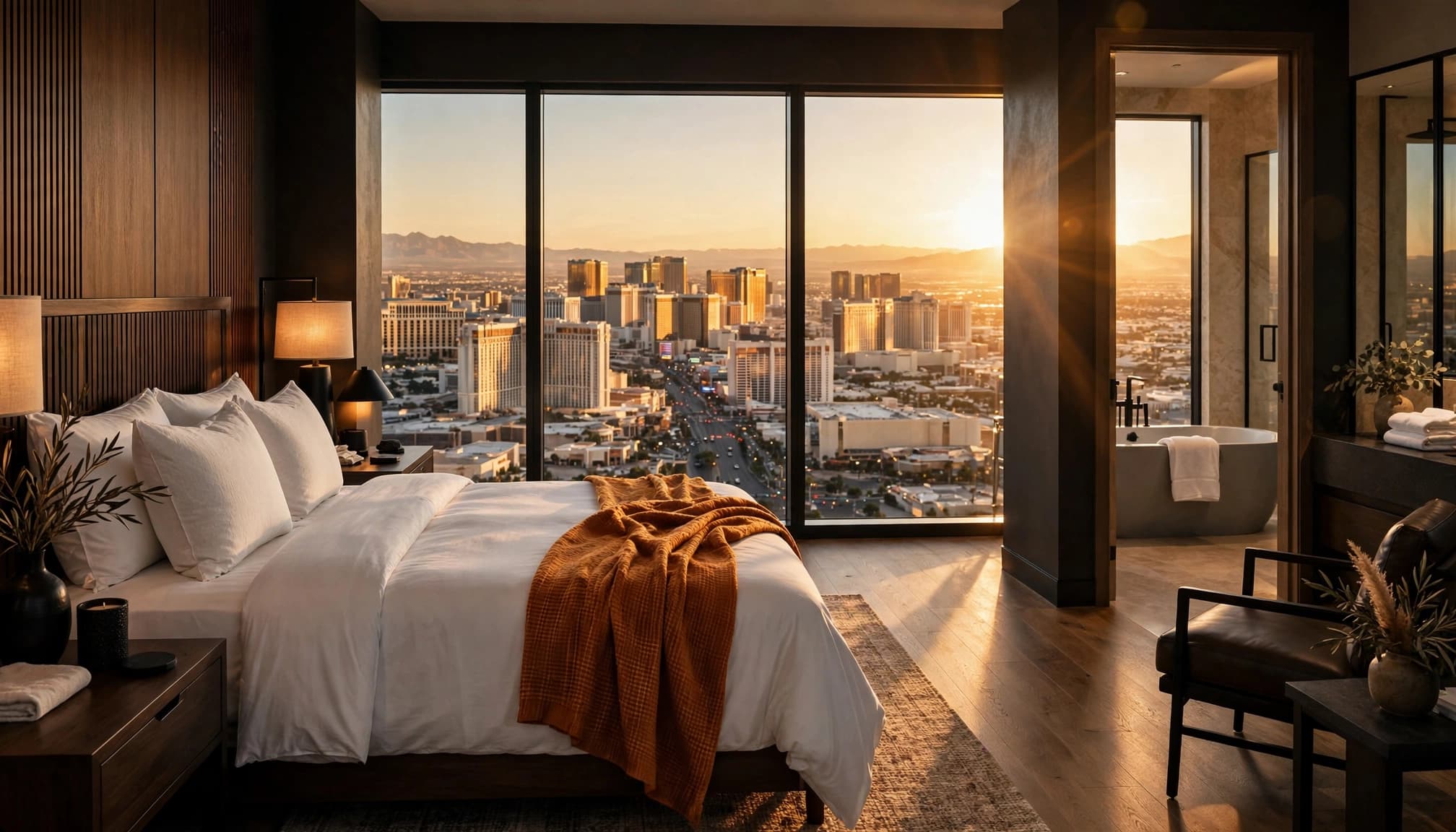 A luxury hotel bedroom overlooking the Las Vegas Strip at sunset with a visible soaking tub in the bathroom.