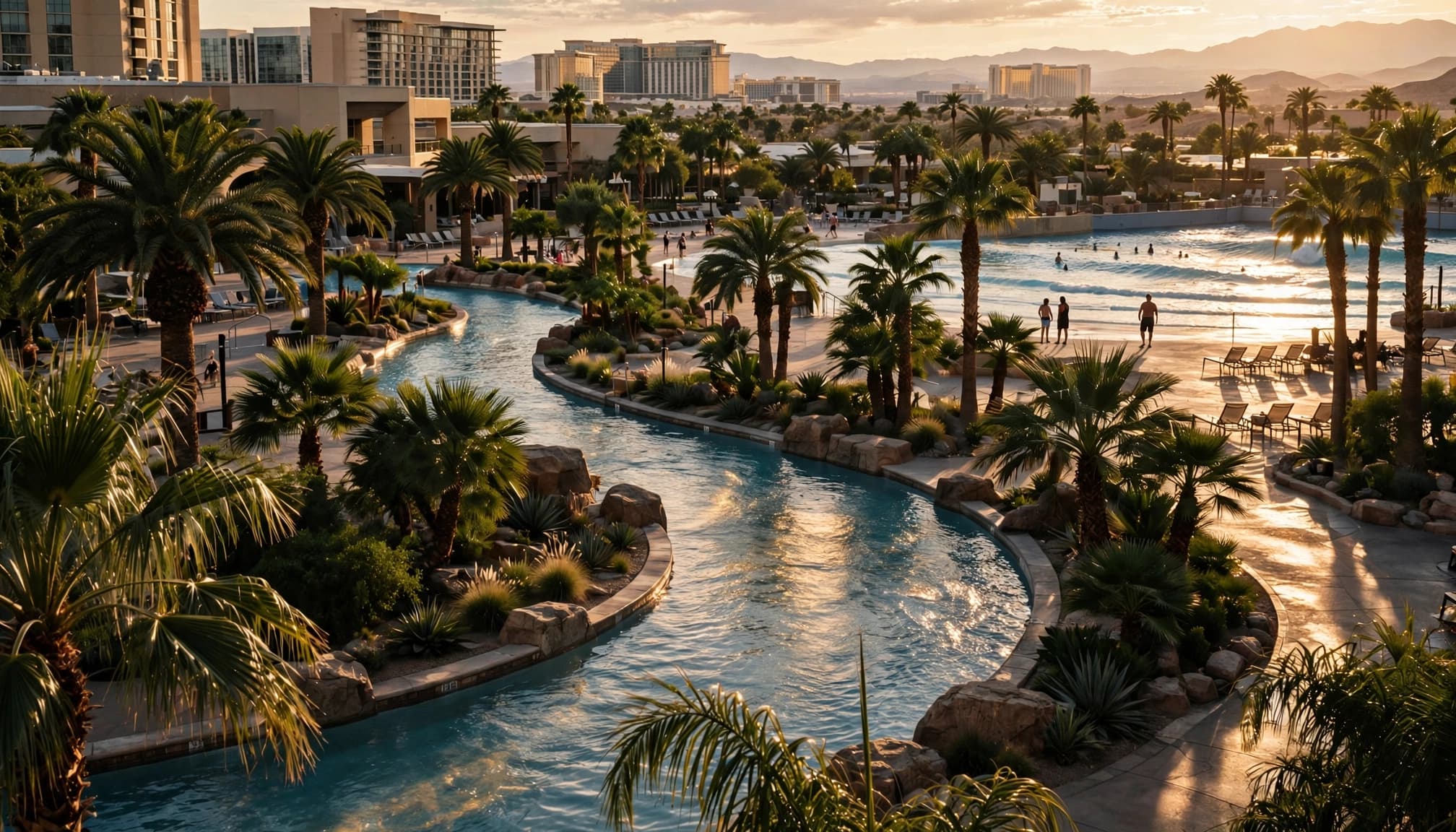 A wide resort pool complex with a winding lazy river, palm trees, and distant visitors during sunset.
