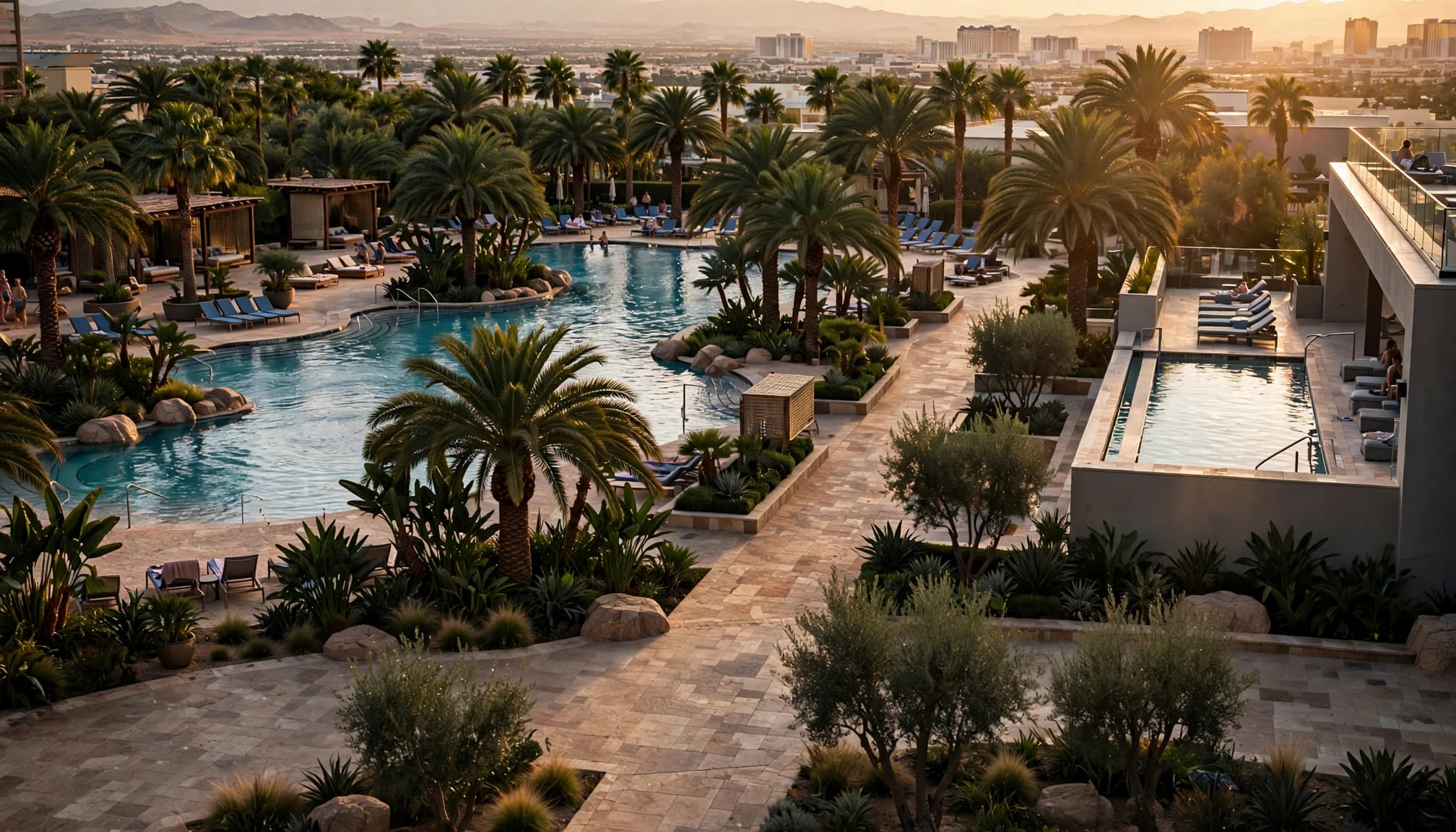 A wide editorial view of two resort pool areas at sunset with palm trees and lounge chairs.