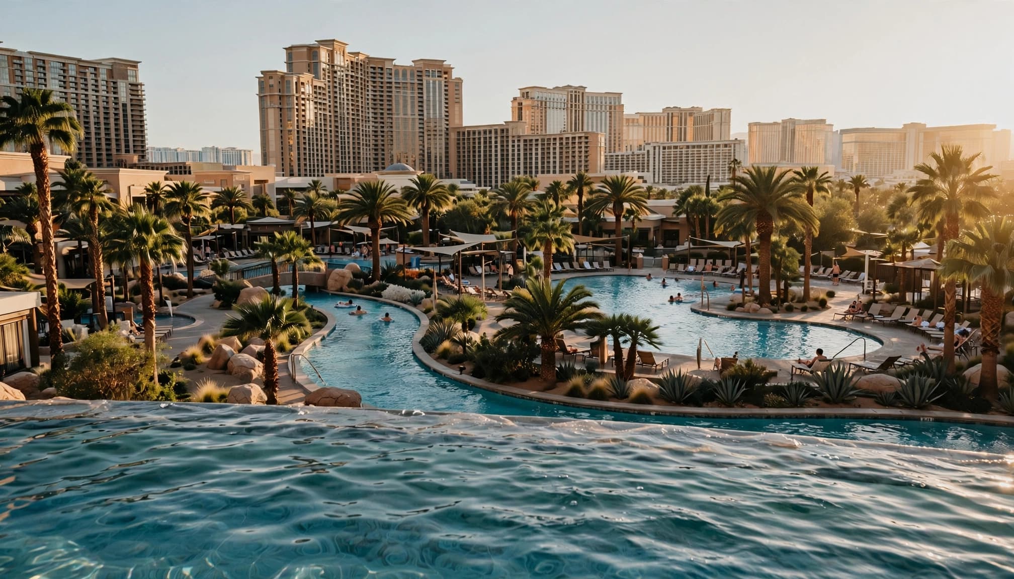 A sprawling Las Vegas resort pool complex with a winding lazy river and tall palm trees.