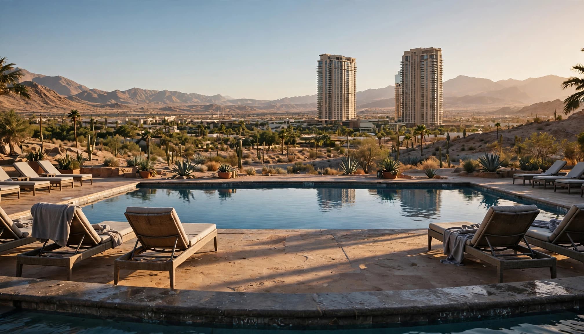 An outdoor resort pool deck with lounge chairs and hotel towers in the background during late afternoon.