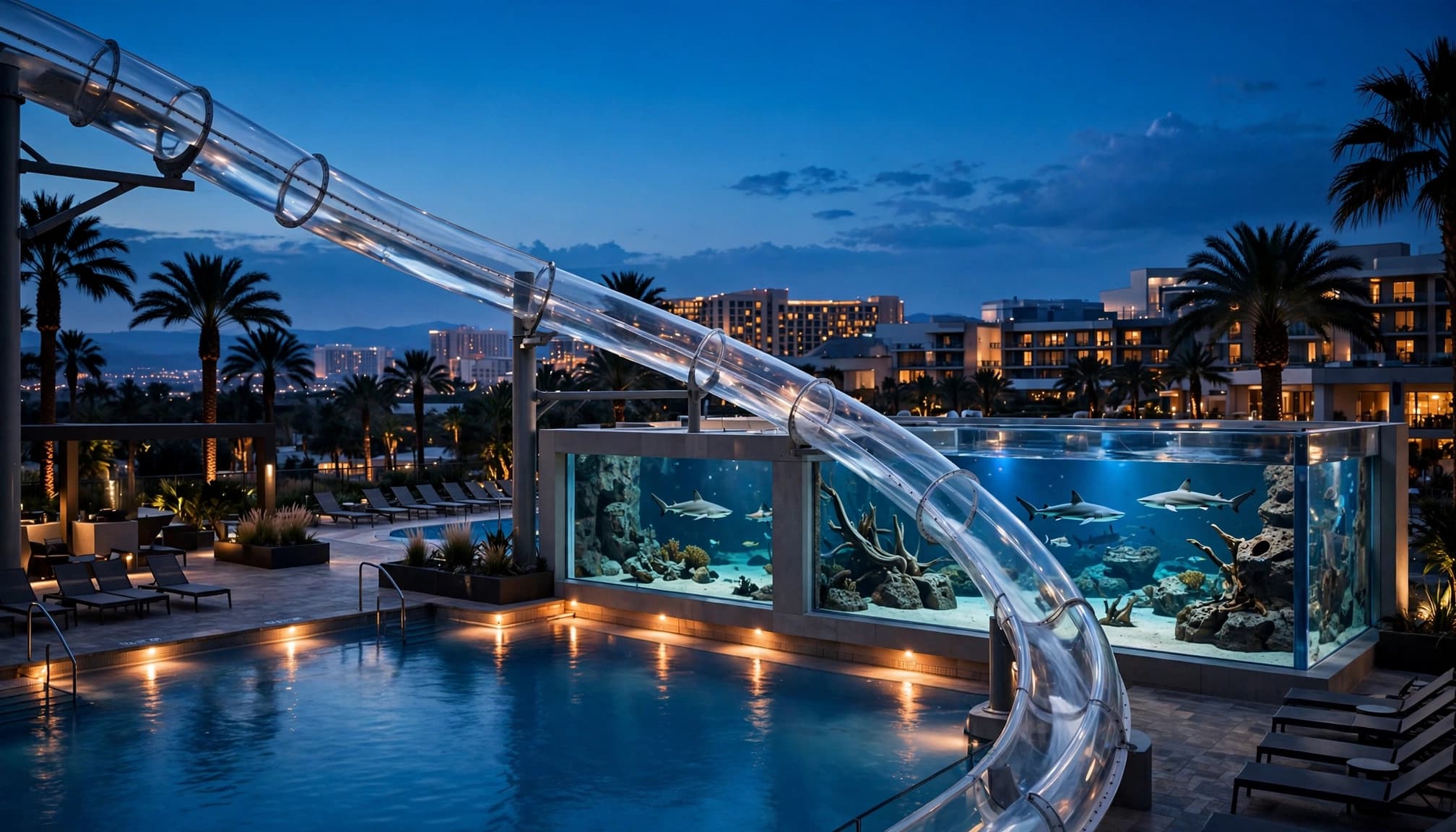 A resort pool at dusk with a clear water slide passing over a shark tank.