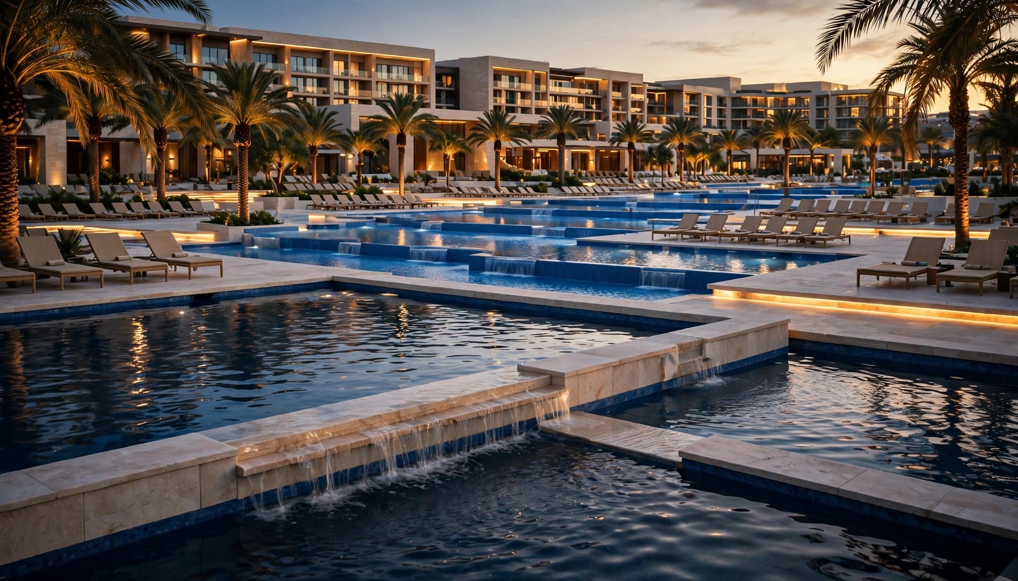 A luxurious resort pool complex at dusk with tiered blue pools and glowing palm trees.