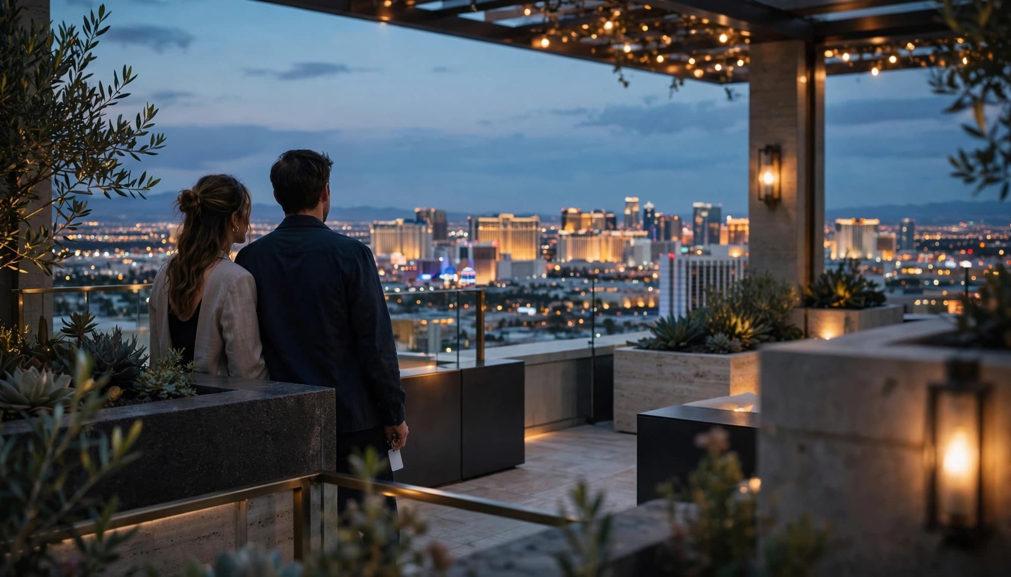 A couple looks out over the Las Vegas Strip at twilight from an elegant hotel rooftop terrace.