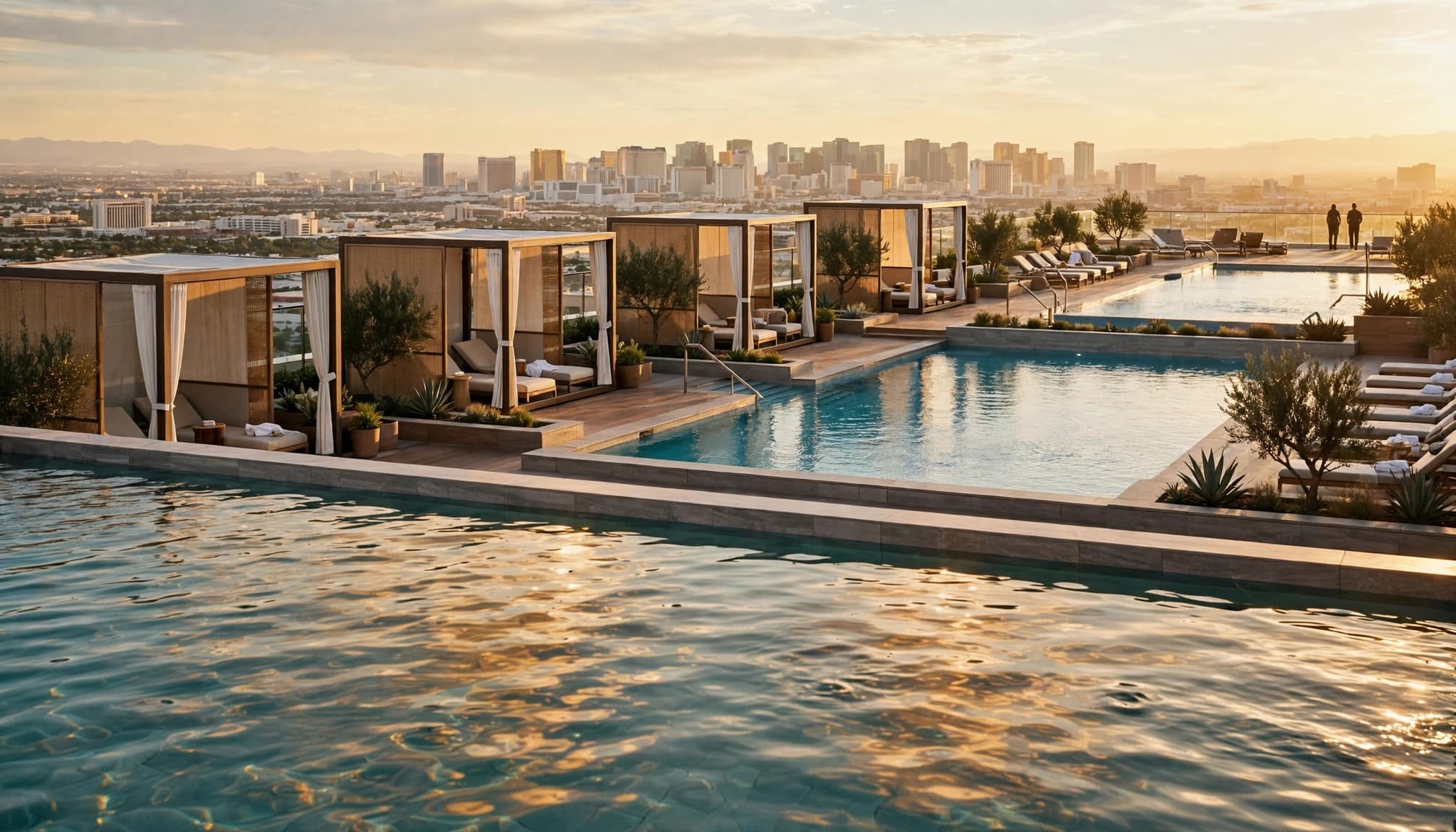 A luxurious rooftop pool deck with cabanas and a distant city skyline at sunset.