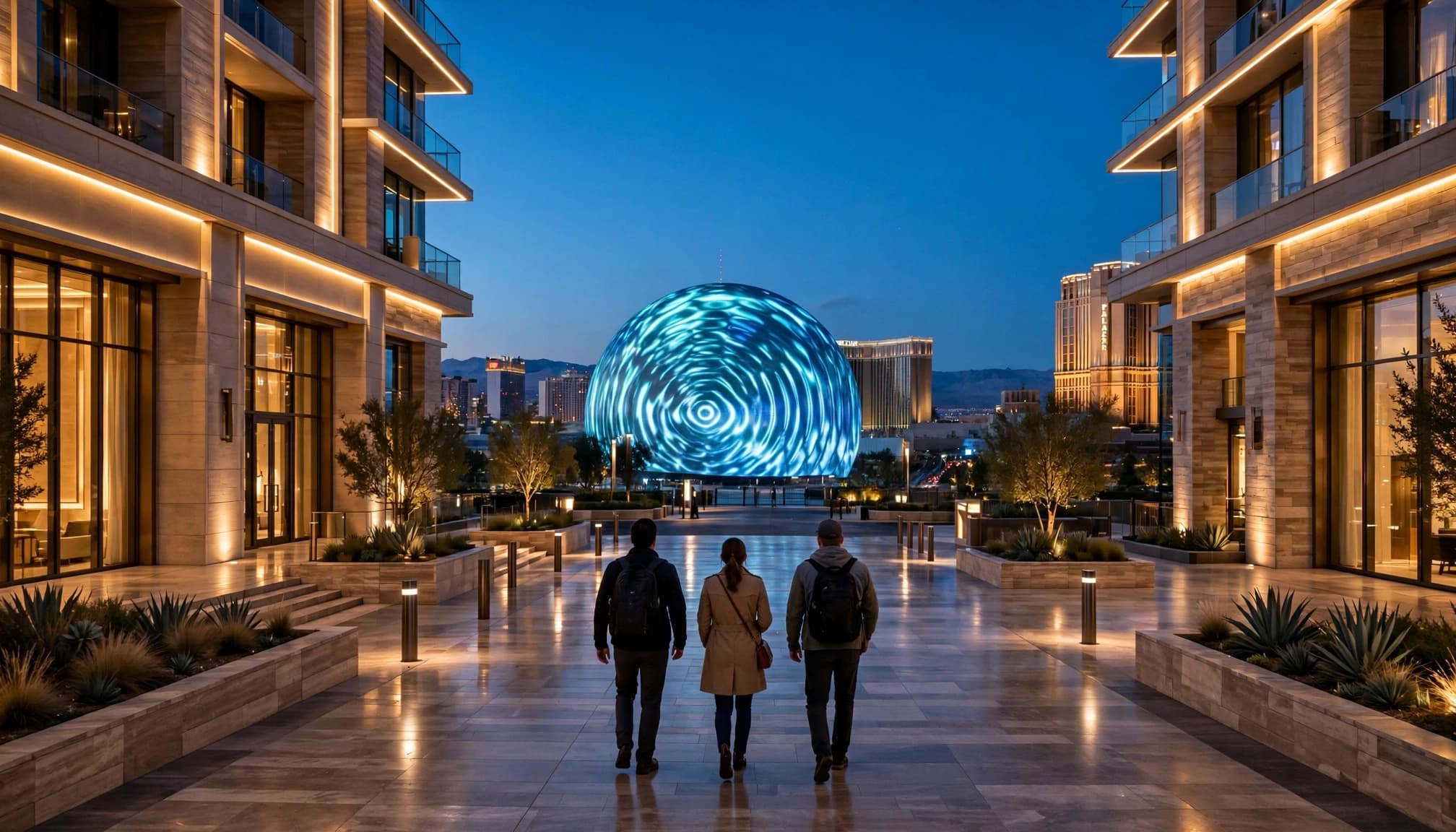 Three people walk away down a plaza toward the illuminated Las Vegas Sphere at dusk.