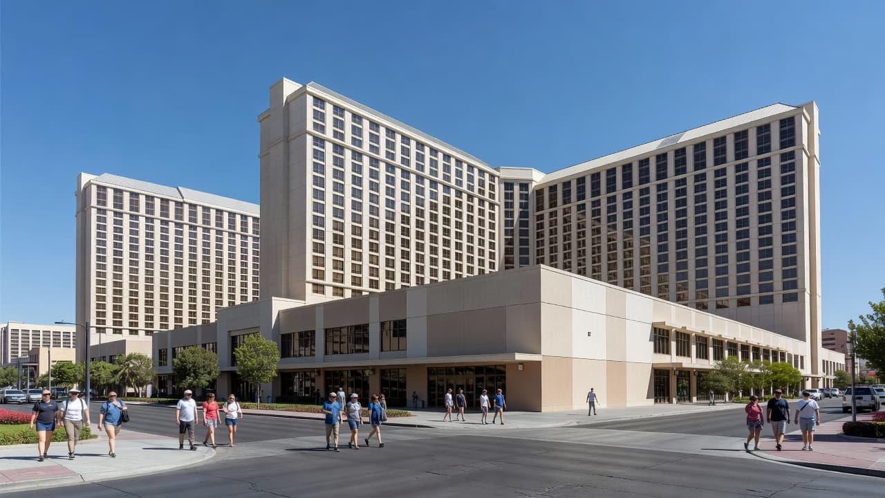 A wide sunlit boulevard in Las Vegas shows towering hotel buildings under a clear blue sky. A single pedestrian walks along the paved sidewalk near rows of green palm trees.