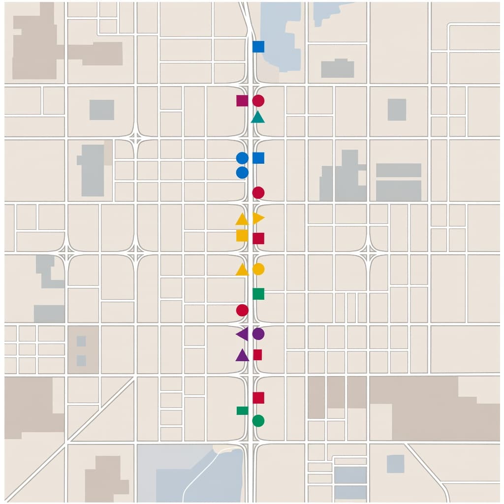 A top-down view of the Las Vegas Strip layout features colorful pins scattered along a central roadway. These markers identify major hotel resorts without using any text or identifying labels.