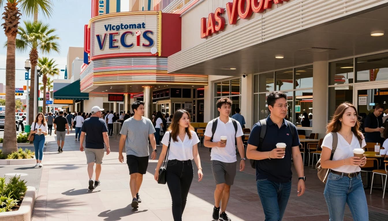 A vibrant morning scene on the Las Vegas Strip features diverse tourists walking to breakfast spots, holding coffee cups, with faintly glowing neon signs and casino entrances against a sunny sky.
