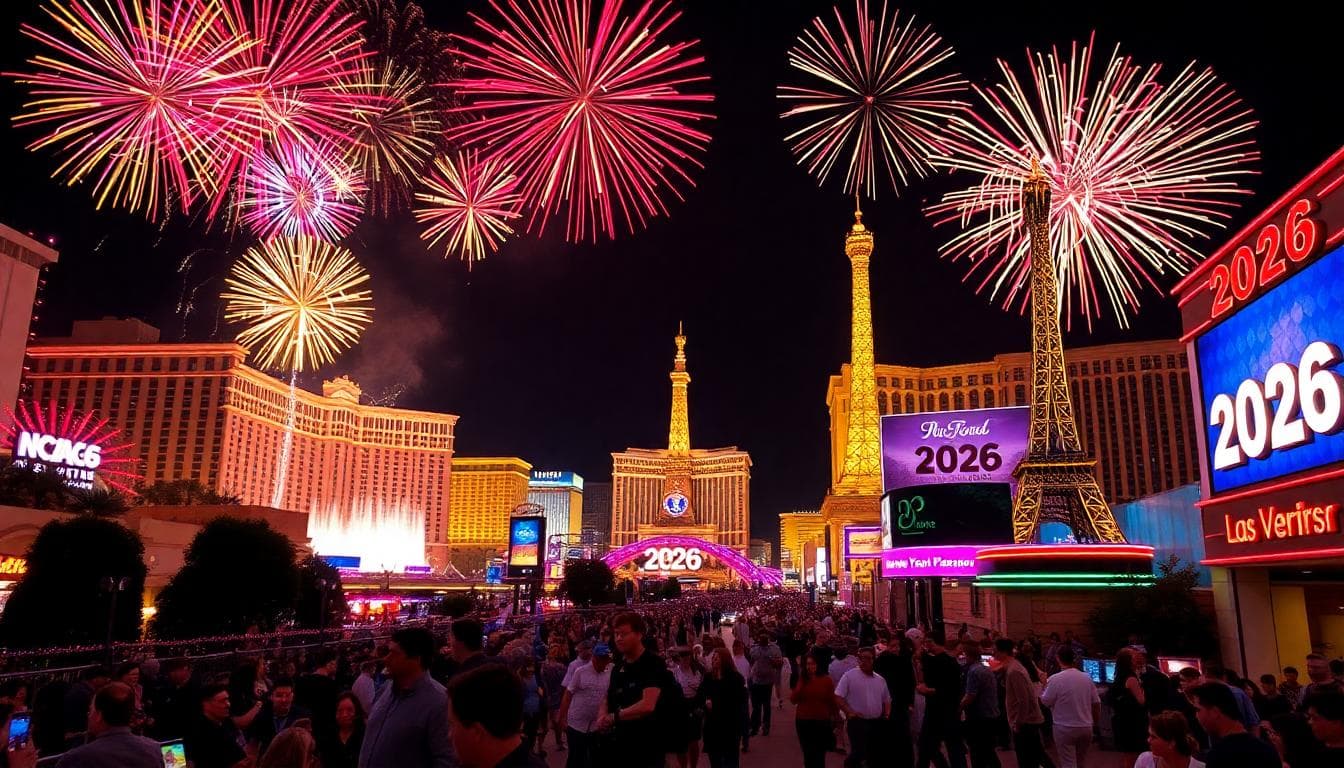 New Year’s Eve fireworks over the Las Vegas Strip, with crowds watching from sidewalks and bridges. Image generated by AI.
