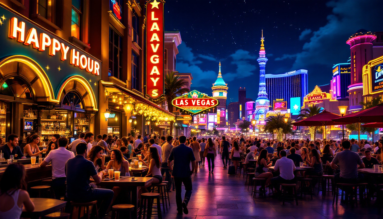 Ultra-realistic night scene of the Las Vegas Strip bustling during happy hour, neon glowing, crowded bars, clinking glasses, and casino skyline. Image created with AI.