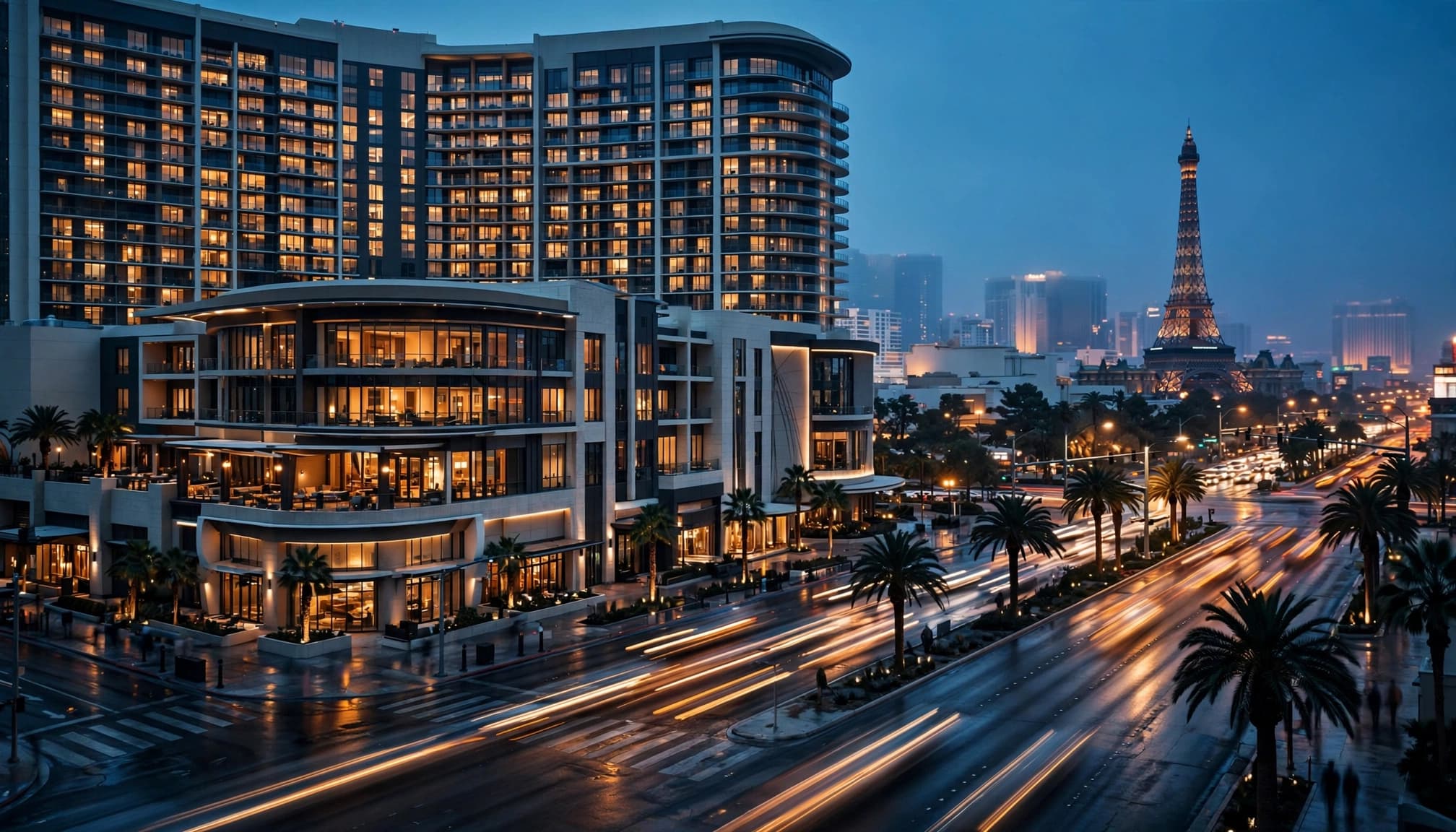 A modern Las Vegas resort exterior at blue hour with light trails on the street and the Eiffel Tower in the distance.