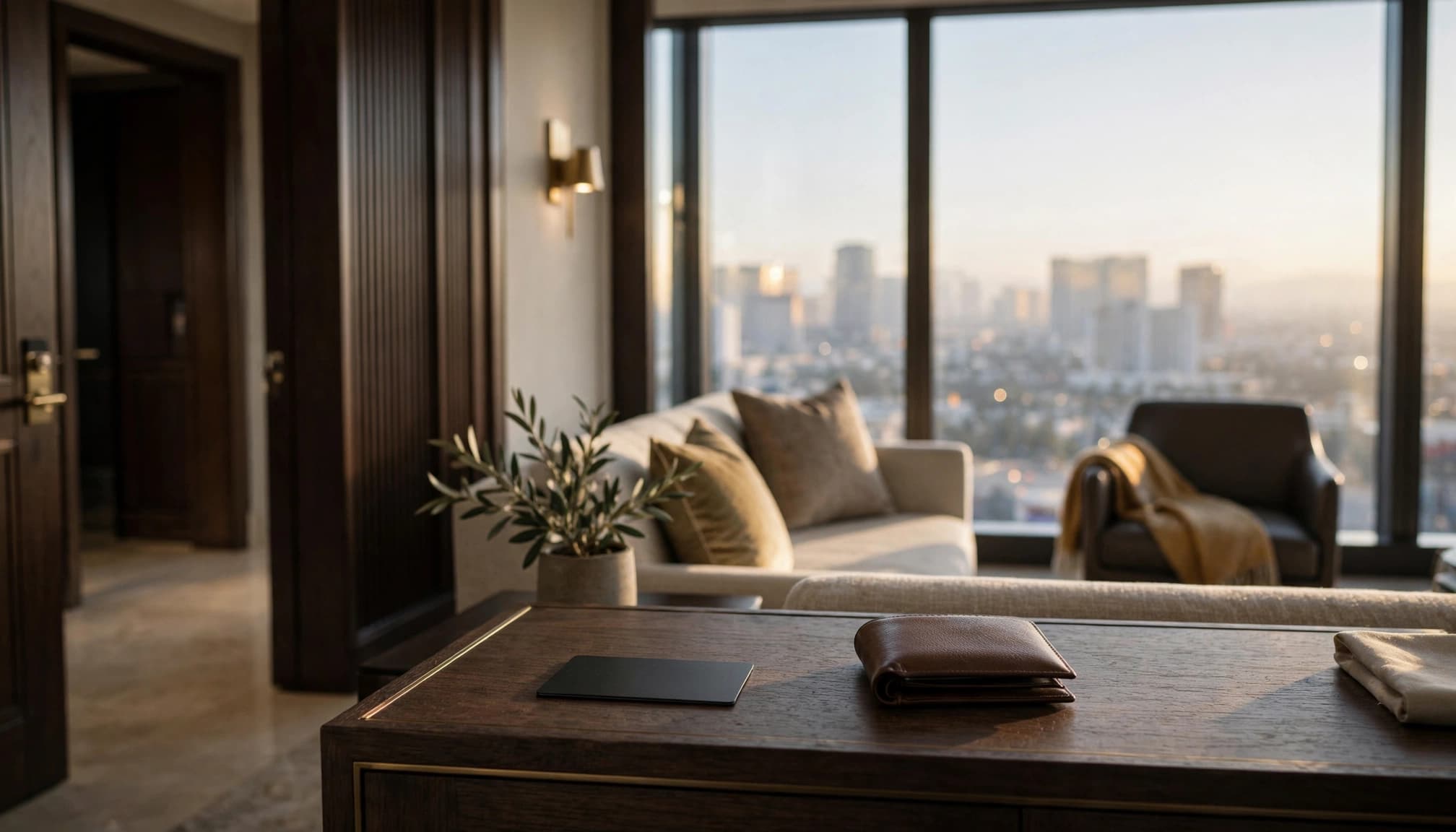A luxury hotel suite with a key card and wallet on a table, overlooking a city skyline.