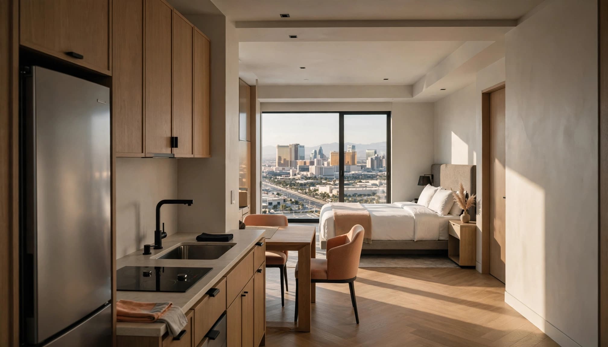 A modern hotel suite interior featuring a kitchenette, dining area, bed, and a large window with city views.