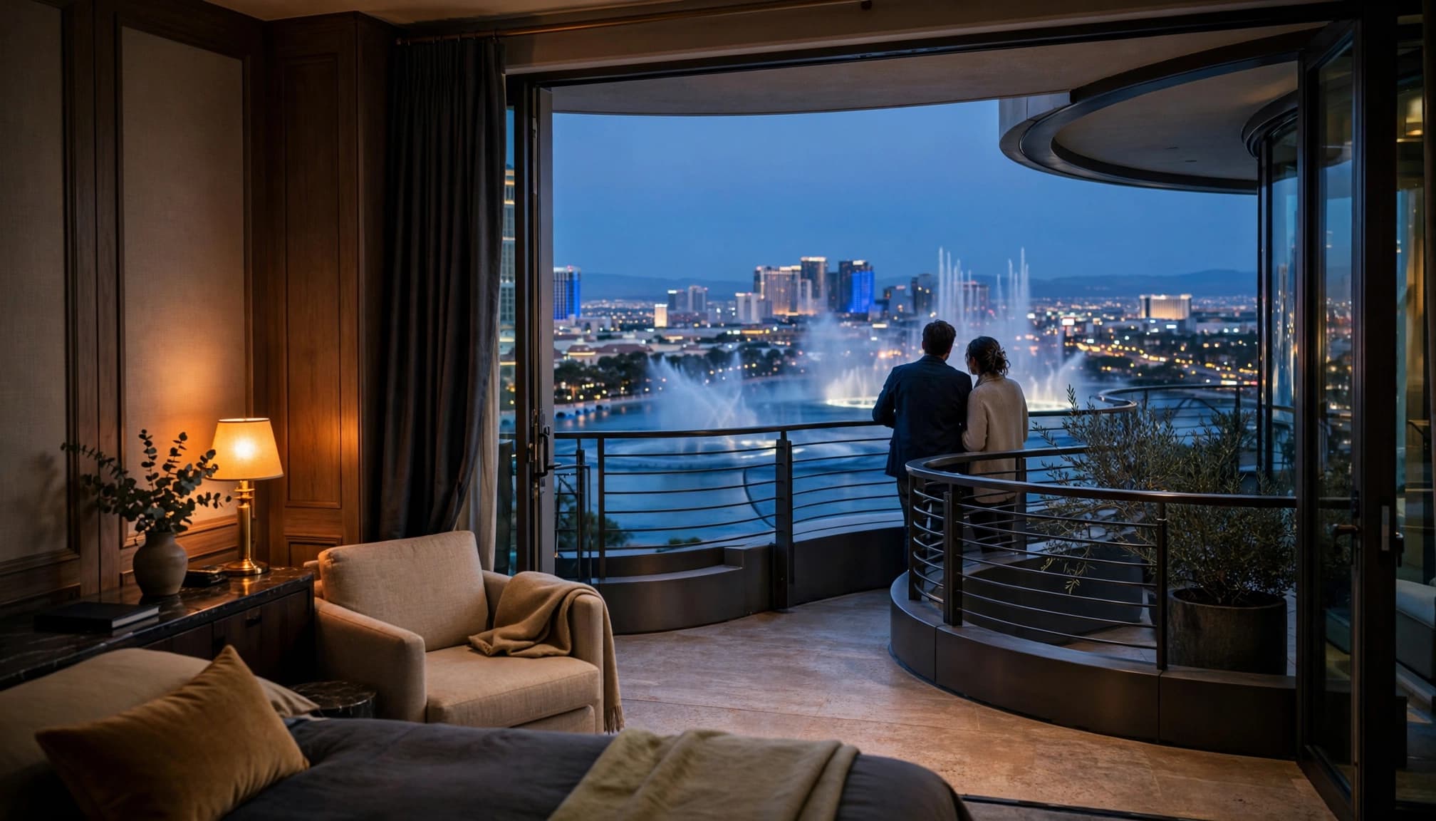 A couple standing on a hotel balcony at dusk overlooking the Las Vegas skyline and fountains.