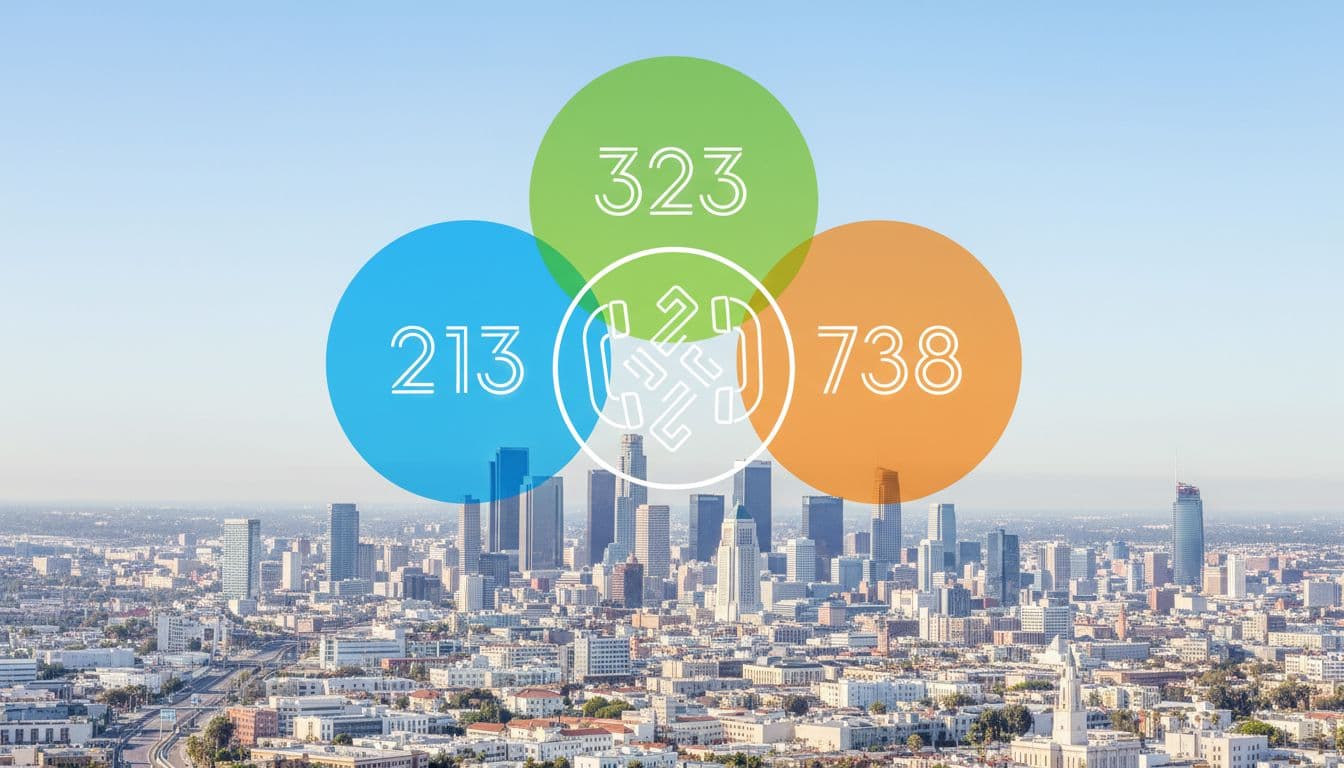 Detailed infographic illustration of overlapping semi-transparent circles for area codes 213 in blue, 323 in green, and 738 in orange, centered over a realistic map of central Los Angeles with Downtown skyline, streets, and City Hall.