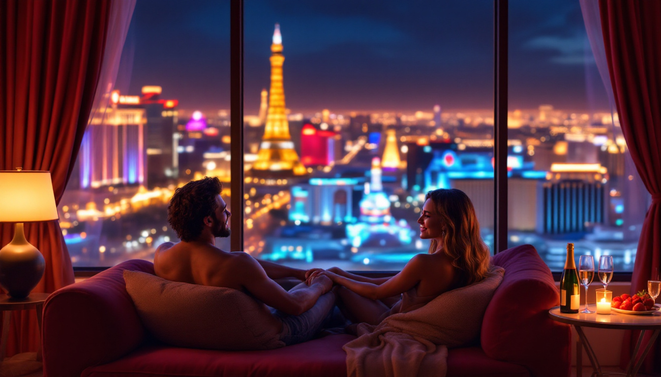 Ultra hyper realistic photo style image of a luxurious Las Vegas hotel suite at dusk. A couple lounges on a plush sofa by a large window showing neon lights and distant casinos. Warm ambient lighting, soft velvet drapes, and a small table with champagne and strawberries. The mood is intimate, calm, and connected, with the couple smiling and holding hands. The scene feels like a private date in a high-end retreat. Image created with AI.