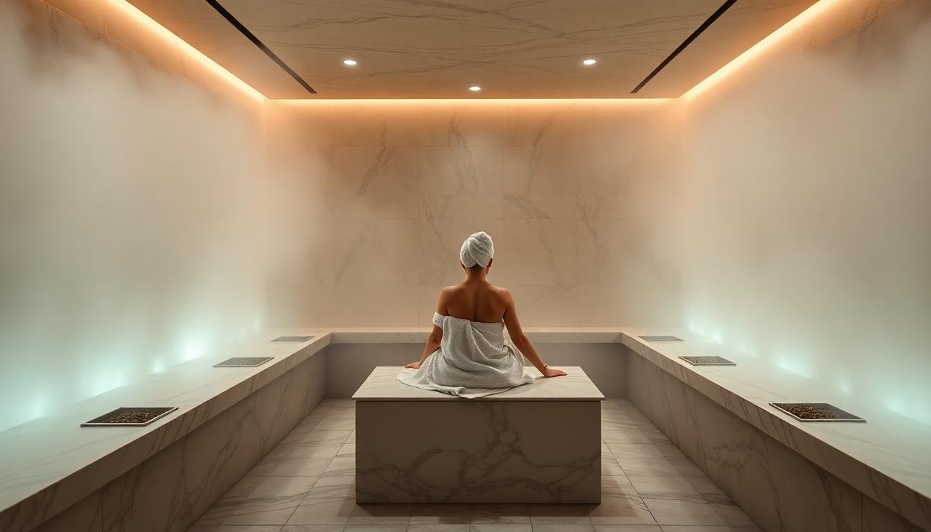 Luxurious steam room at a high-end Las Vegas spa with thick steam and marble benches