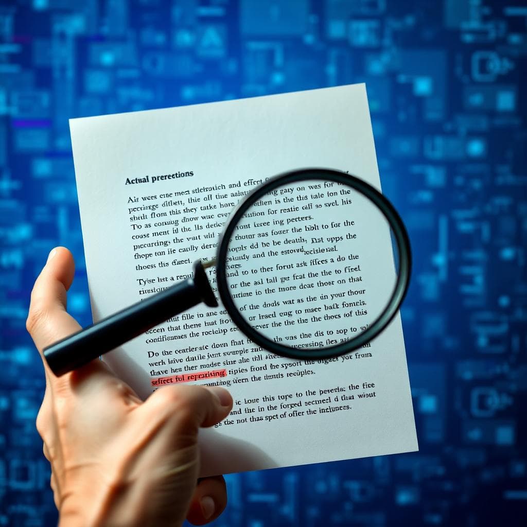 Detect AI-Generated Content (Tools + Techniques That Work) A hand with a magnifying glass scanning a printed page, with subtle repetitions and stiff phrasing highlighted, surrounded by soft digital glitches in blues, purples, and teals. Image created with AI.