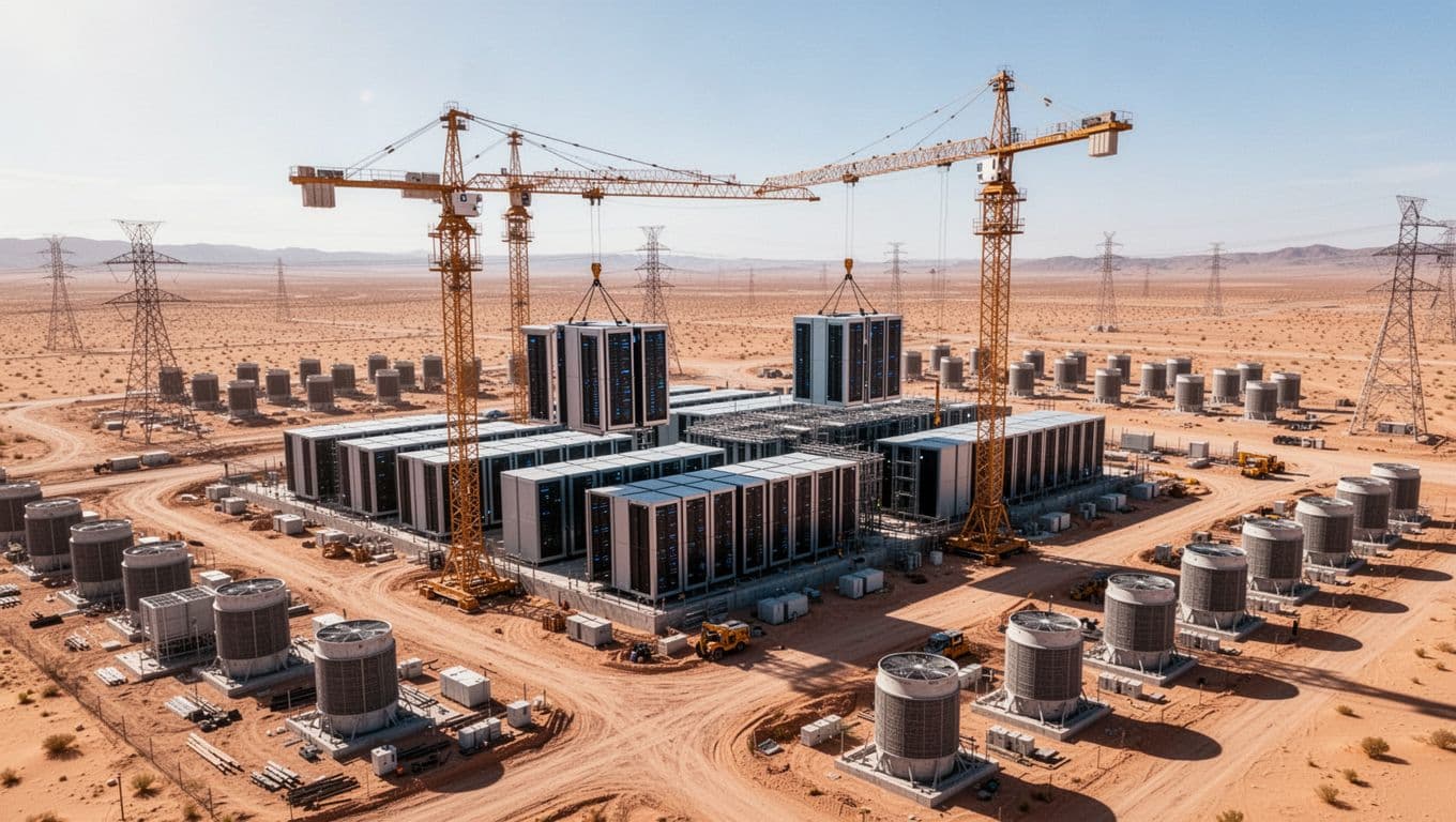 Aerial view of towering cranes lifting server modules at vast data center site with cooling towers and power lines in arid desert.