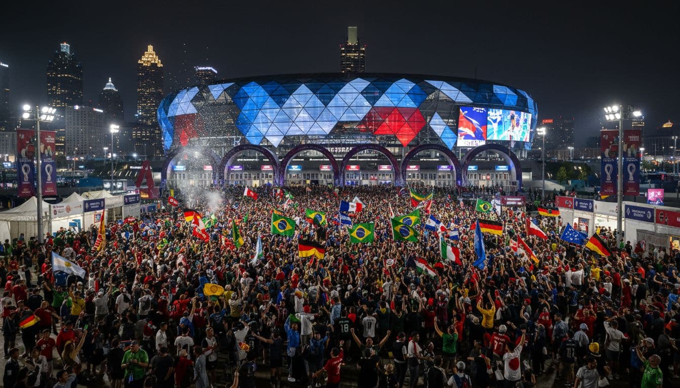 Exterior of Mercedes-Benz Stadium in Atlanta at night during a FIFA World Cup 2026 soccer match, featuring a massive crowd of international fans in jerseys gathering outside the gates with city skyline lights and waving flags.