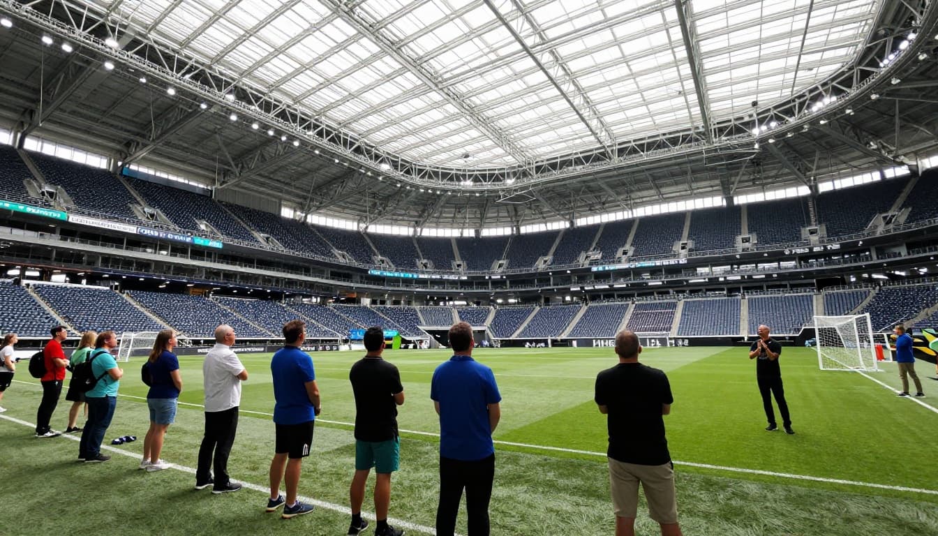 Visitors stand on the soccer field during a guided tour of Mercedes-Benz Stadium in Atlanta, gazing at the massive roof structure, seating bowls, and bright natural light from the oculus, with an excited group of fans and a guide.