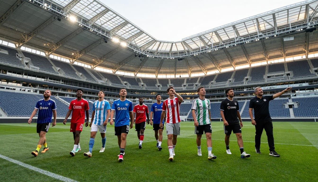 Group of diverse soccer fans on a guided early morning tour inside Mercedes-Benz Stadium Atlanta, walking on the lush green field and gazing at the retractable roof and seating bathed in soft natural light.
