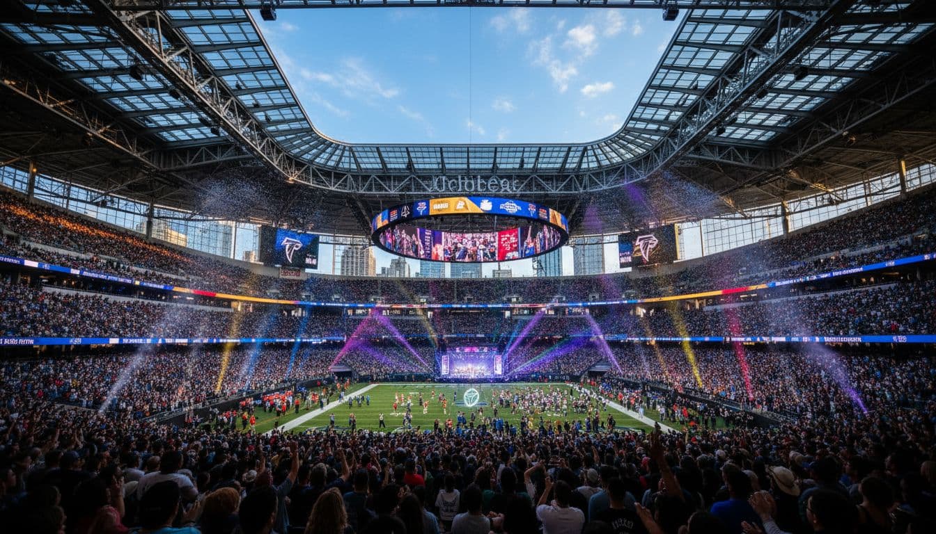 A wide shot capturing the vibrant interior of Mercedes-Benz Stadium packed with excited fans during a concert or sporting event, featuring the partially open retractable roof and modern architecture.