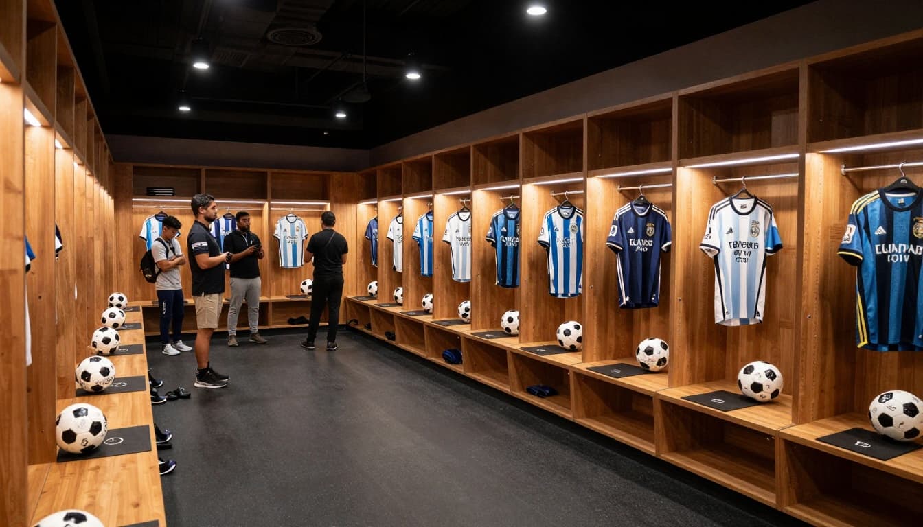 Visitors respectfully peer into the Mercedes-Benz Stadium locker room during a tour, featuring rows of wooden lockers with hanging team jerseys, soccer balls on benches, and atmospheric dim lighting with spotlights in a modern clean design.